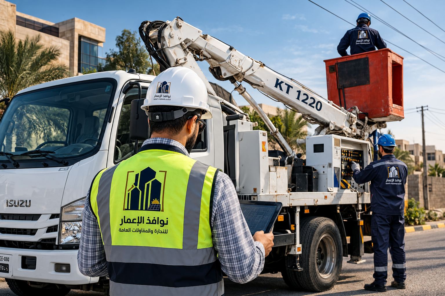 فريق فني يعمل على شبكة التوزيع باستخدام رافعة سلّة