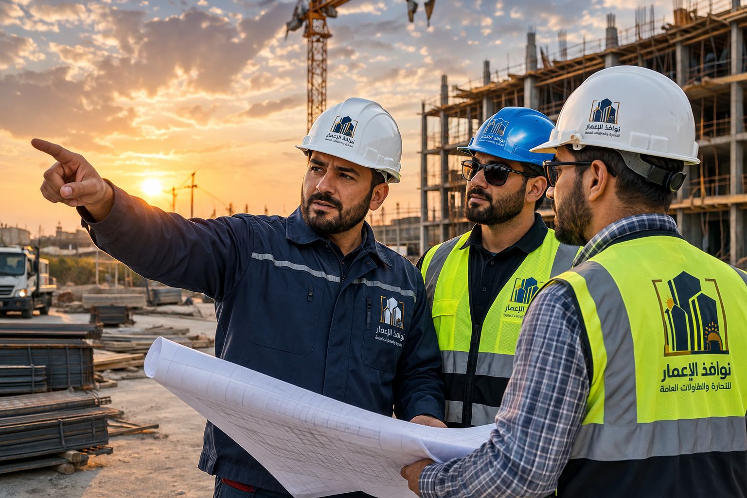 مهندسون يراجعون المخططات في موقع العمل
